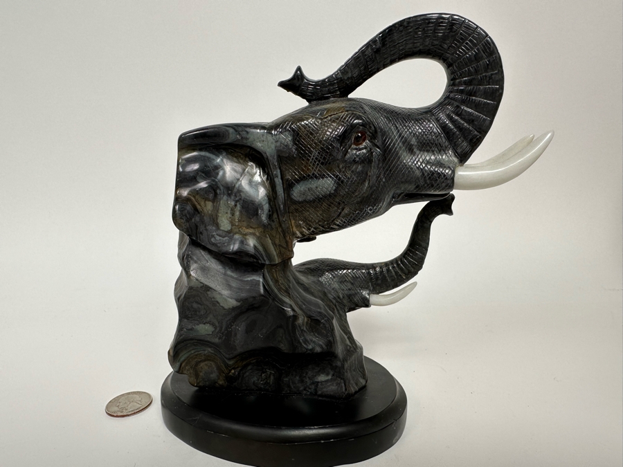 Carved Marble Elephant Sculpture Signed BT 7W X 4D X 7.5H [Photo 7]