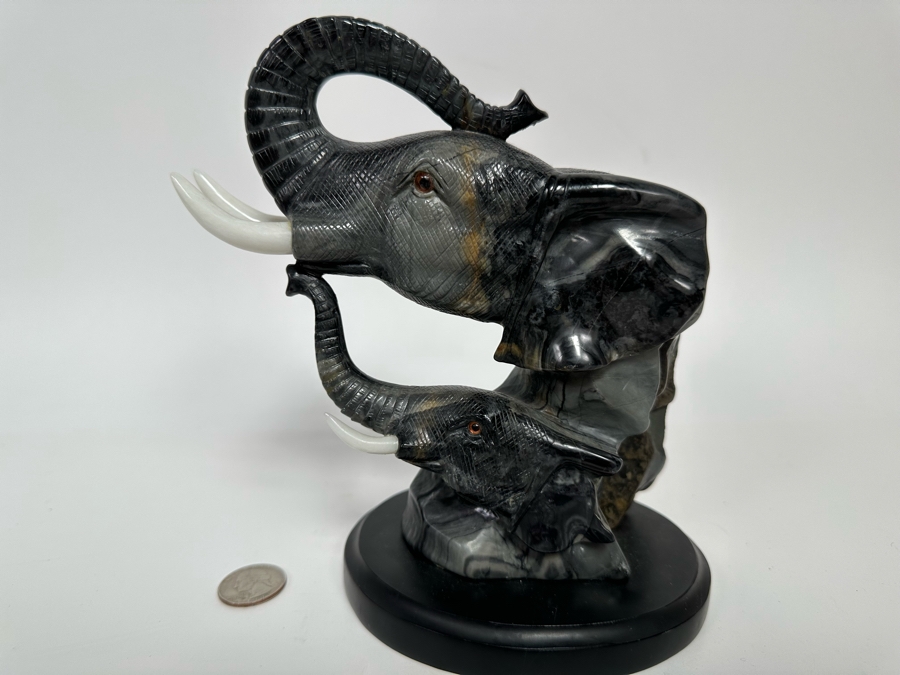 Carved Marble Elephant Sculpture Signed BT 7W X 4D X 7.5H [Photo 3]