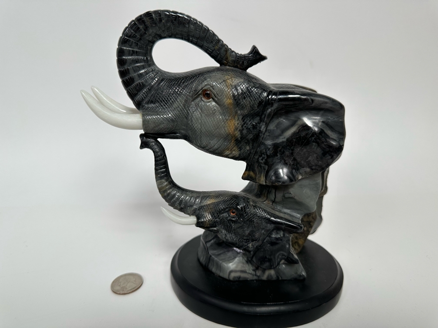 Carved Marble Elephant Sculpture Signed BT 7W X 4D X 7.5H [Photo 2]