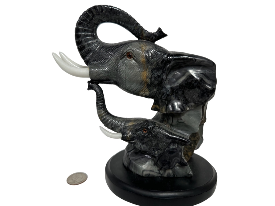 Carved Marble Elephant Sculpture Signed BT 7W X 4D X 7.5H [Photo 1]