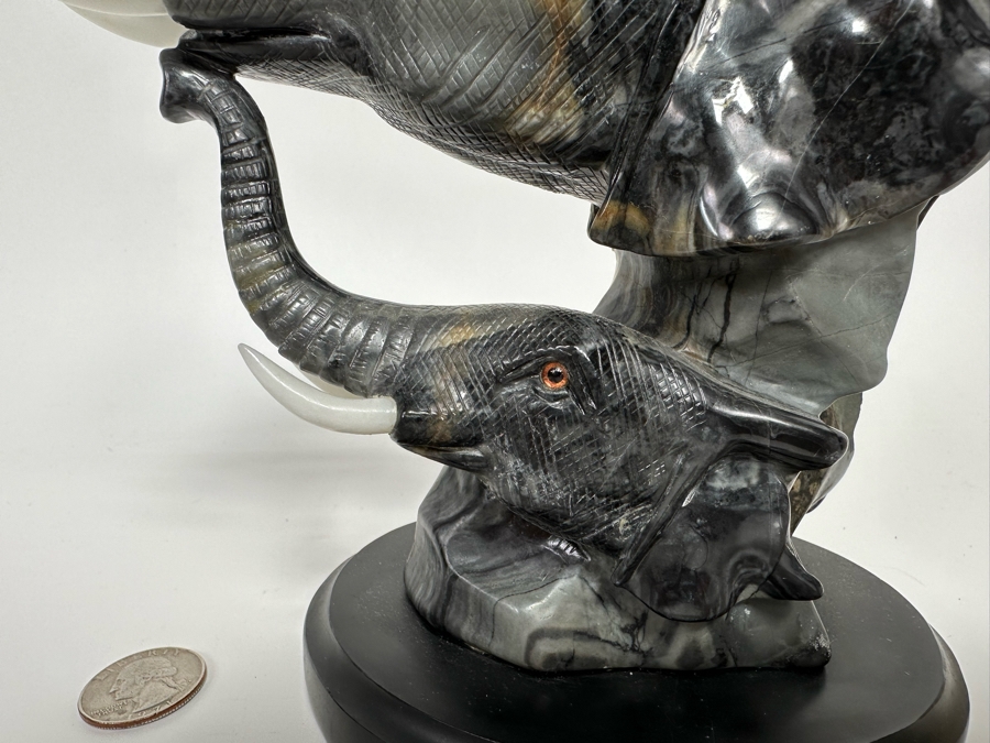 Carved Marble Elephant Sculpture Signed BT 7W X 4D X 7.5H [Photo 4]