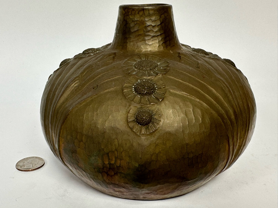 Leon Provins (1873-1943, Belgium) Hammered Copper Art Nouveau Vase Stylized With Flowers Signed L. Provins Made In Belgium 6.5W X 5H [Photo 10]