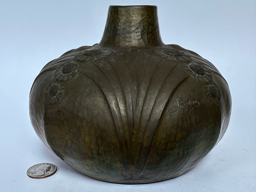 Leon Provins (1873-1943, Belgium) Hammered Copper Art Nouveau Vase Stylized With Flowers Signed L. Provins Made In Belgium 6.5W X 5H [Photo 3]