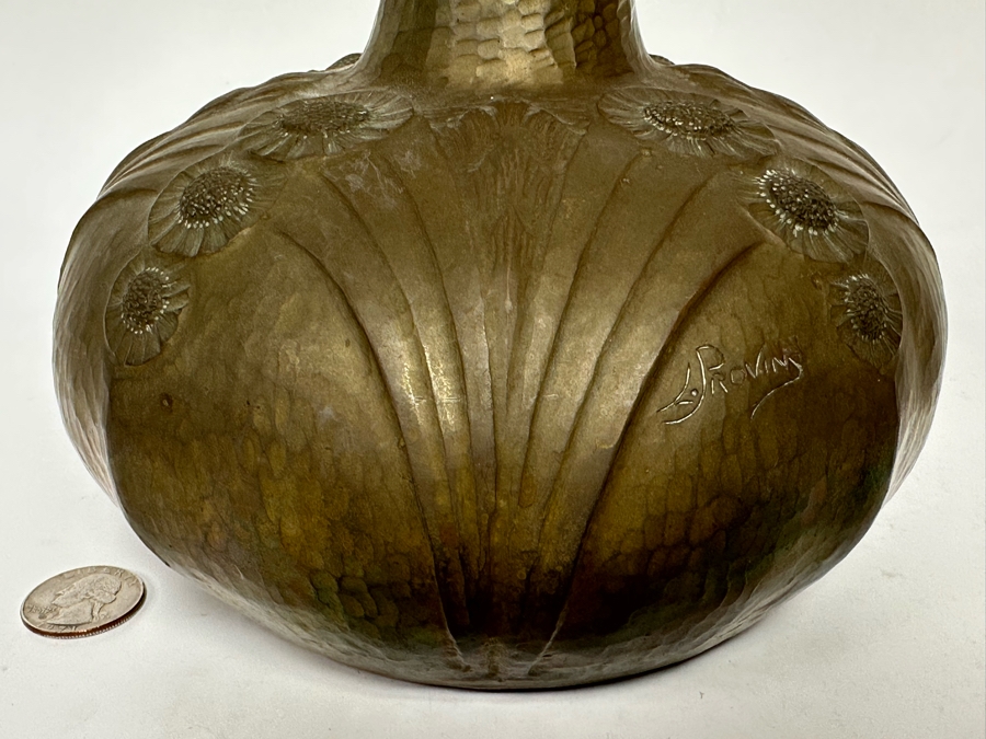 Leon Provins (1873-1943, Belgium) Hammered Copper Art Nouveau Vase Stylized With Flowers Signed L. Provins Made In Belgium 6.5W X 5H [Photo 5]