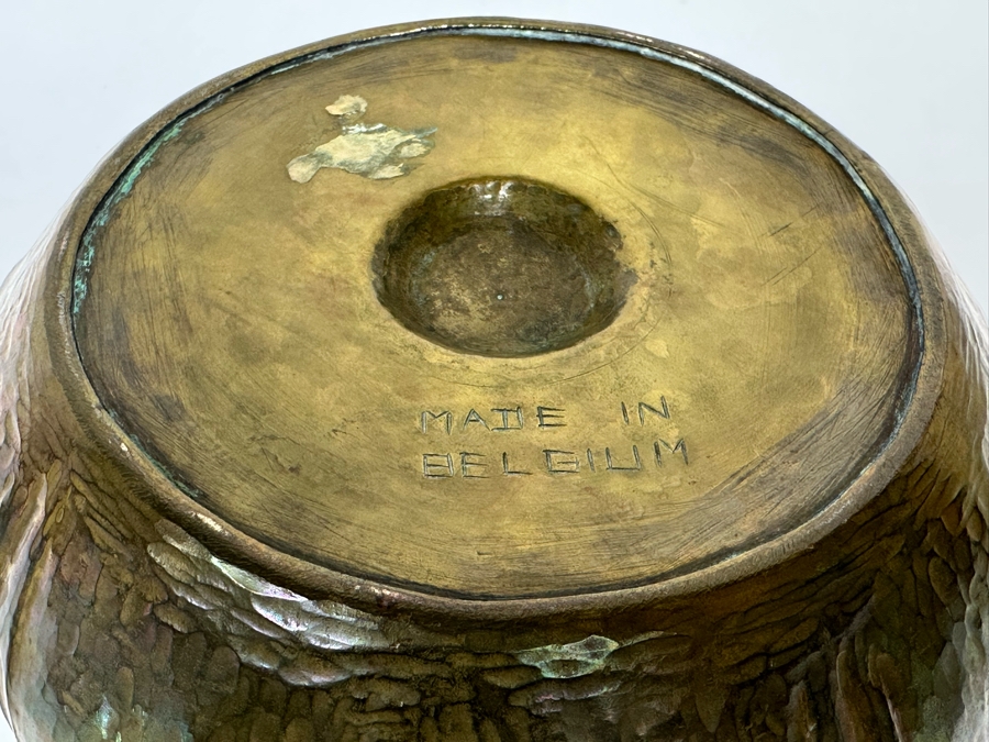 Leon Provins (1873-1943, Belgium) Hammered Copper Art Nouveau Vase Stylized With Flowers Signed L. Provins Made In Belgium 6.5W X 5H [Photo 12]