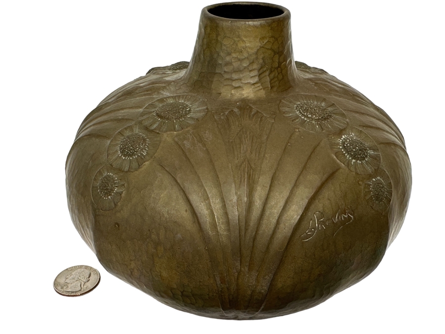 Leon Provins (1873-1943, Belgium) Hammered Copper Art Nouveau Vase Stylized With Flowers Signed L. Provins Made In Belgium 6.5W X 5H [Photo 1]