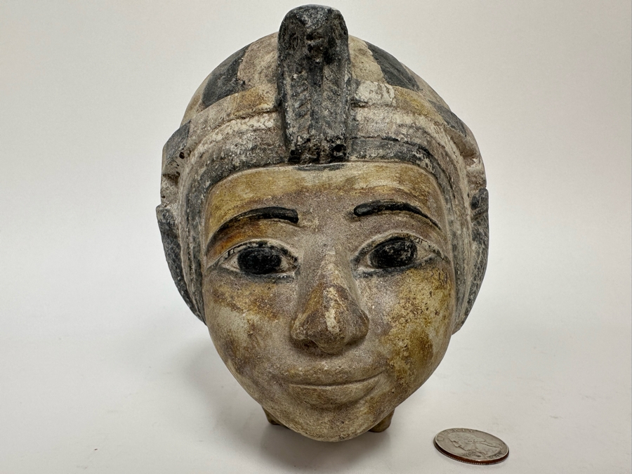 Egyptian Style Carved Limestone Polychromed Head Sculpture 5W X 5D X 5.5H [Photo 2]