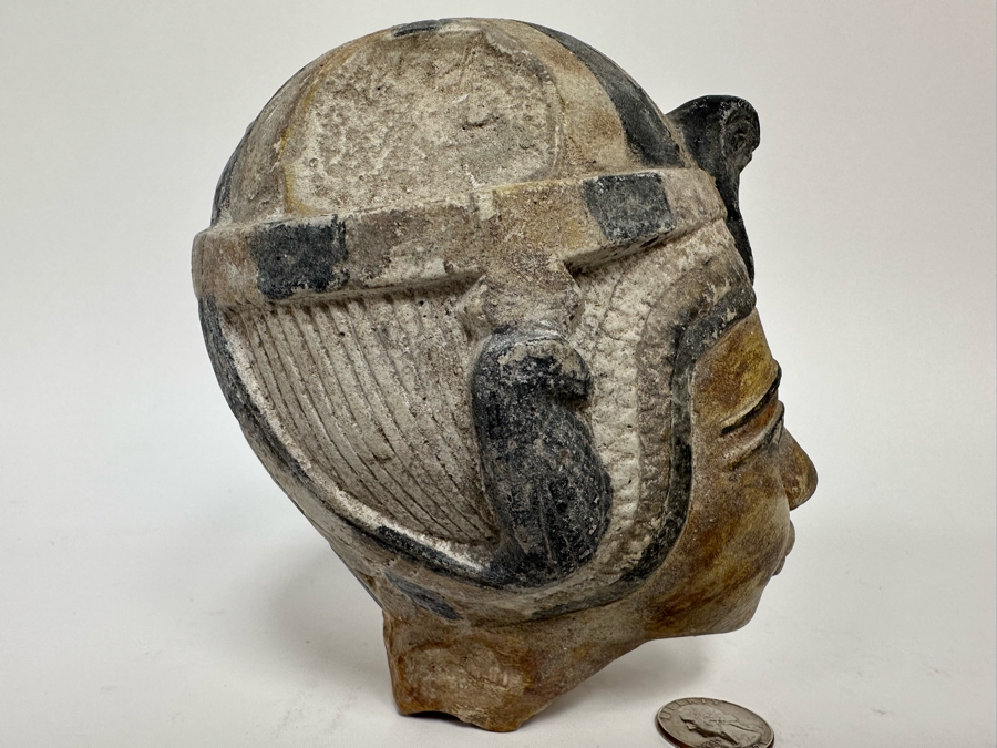 Egyptian Style Carved Limestone Polychromed Head Sculpture 5W X 5D X 5.5H [Photo 12]