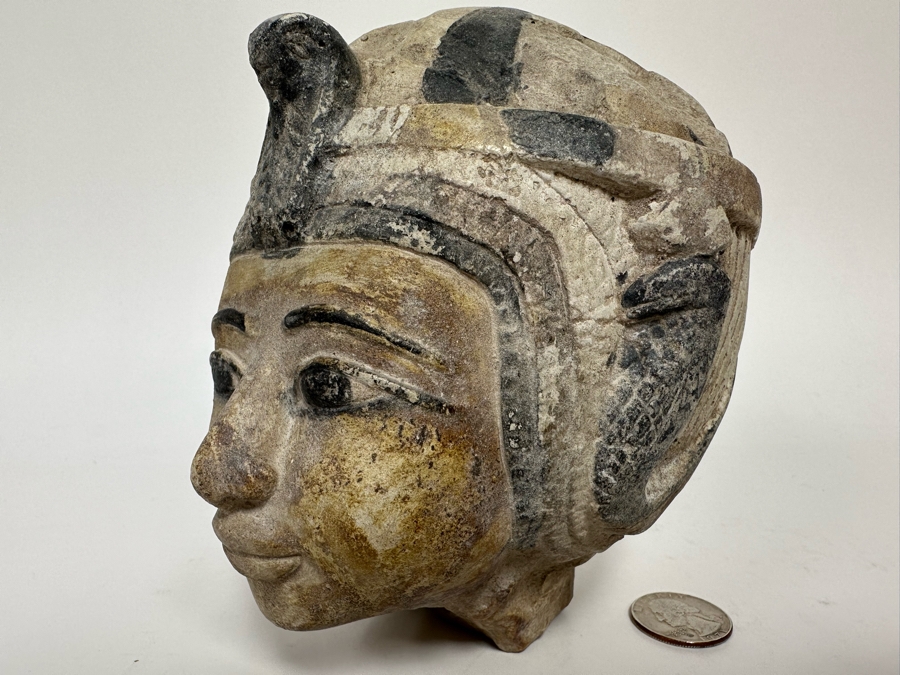Egyptian Style Carved Limestone Polychromed Head Sculpture 5W X 5D X 5.5H [Photo 4]