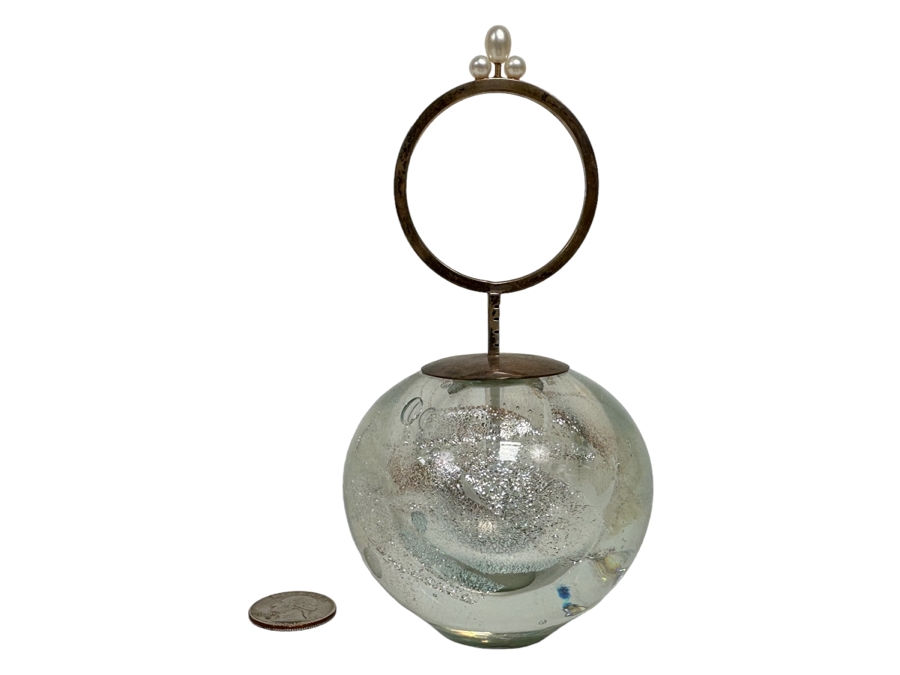 Elaine Hyde Art Glass Perfume Bottle Signed With Sterling Silver And 14K Gold Handle Featuring Pearls Finial Stopper 3W X 6H Estimate $800 [Photo 1]
