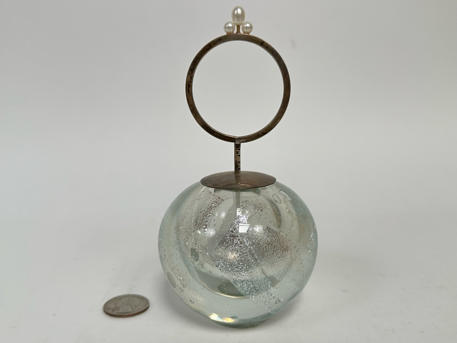 Elaine Hyde Art Glass Perfume Bottle Signed With Sterling Silver And 14K Gold Handle Featuring Pearls Finial Stopper 3W X 6H Estimate $800 [Photo 7]