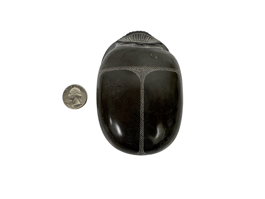 Carved Stone Egyptian Scarab Beetle With Hieroglyphs On Underside 3W X 4.5D X 1.5H [Photo 2]