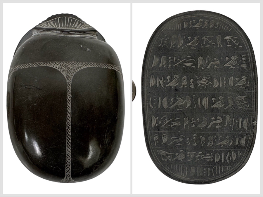 Carved Stone Egyptian Scarab Beetle With Hieroglyphs On Underside 3W X 4.5D X 1.5H [Photo 1]