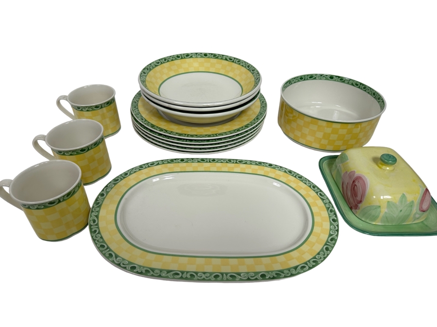 Villeroy & Boch Portugal Platter, Coffee Cups, Bowls, Plates And Covered Butter Dish