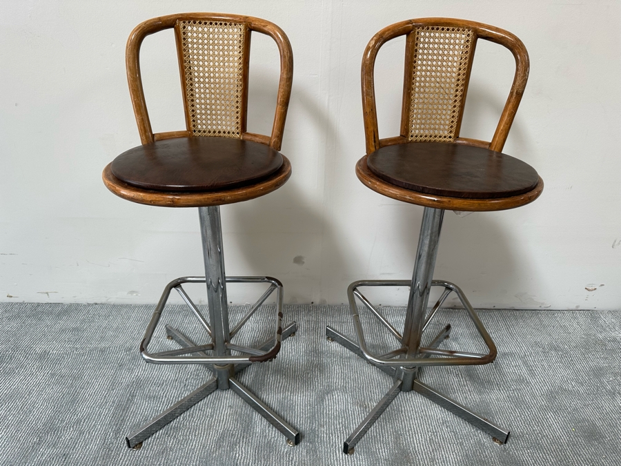 Pair Of Vintage Bamboo, Cane And Chrome Swivel Barstools 29.5H Seat Height [Photo 2]
