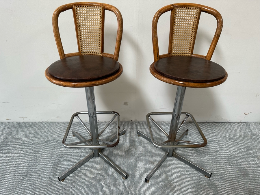 Pair Of Vintage Bamboo, Cane And Chrome Swivel Barstools 29.5H Seat Height