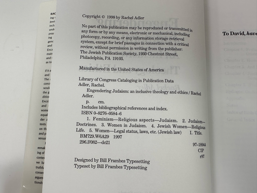 Signed Book Engendering Judaism Signed By Rachel Adler [Photo 7]