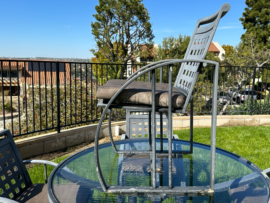 Frank Lloyd Wright Style Outdoor Furniture Glass Top Table 48R X 27H With Four Chairs (One Of The Chairs Has A Bent Support In Seat / Paint Is Peeling - See Photos) [Photo 5]
