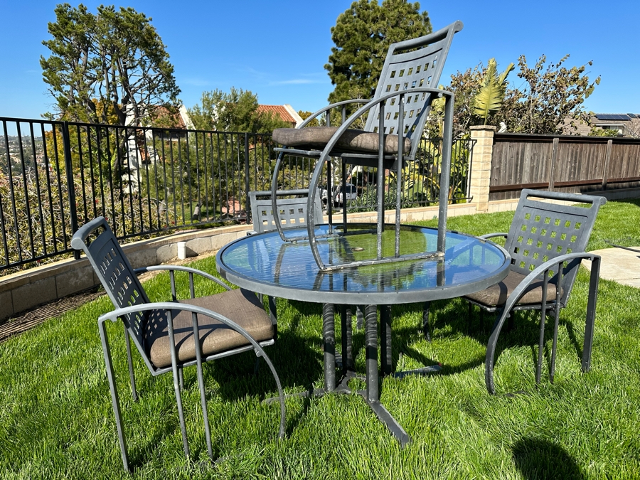 Frank Lloyd Wright Style Outdoor Furniture Glass Top Table 48R X 27H With Four Chairs (One Of The Chairs Has A Bent Support In Seat / Paint Is Peeling - See Photos) [Photo 7]