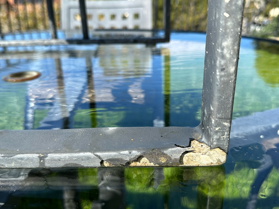 Frank Lloyd Wright Style Outdoor Furniture Glass Top Table 48R X 27H With Four Chairs (One Of The Chairs Has A Bent Support In Seat / Paint Is Peeling - See Photos) [Photo 6]