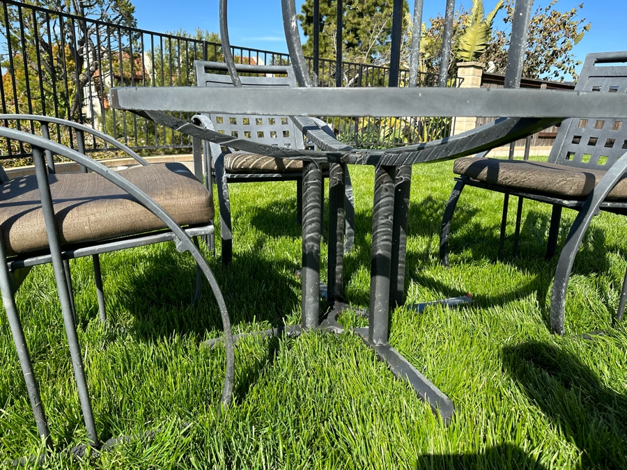 Frank Lloyd Wright Style Outdoor Furniture Glass Top Table 48R X 27H With Four Chairs (One Of The Chairs Has A Bent Support In Seat / Paint Is Peeling - See Photos) [Photo 9]