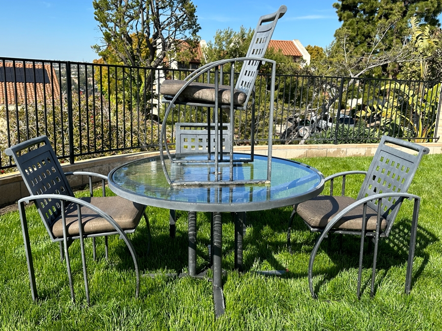 Frank Lloyd Wright Style Outdoor Furniture Glass Top Table 48R X 27H With Four Chairs (One Of The Chairs Has A Bent Support In Seat / Paint Is Peeling - See Photos) [Photo 3]