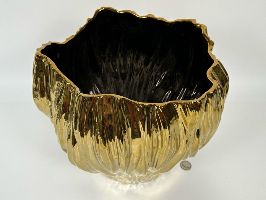 Large Gold Tone Ceramic Vase 13W X 12H [Photo 4]