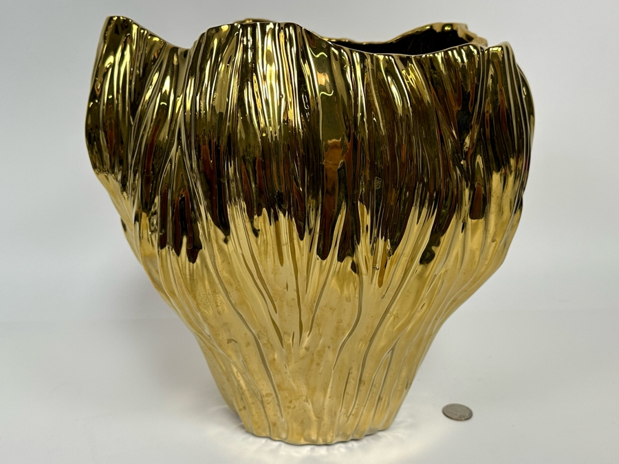 Large Gold Tone Ceramic Vase 13W X 12H [Photo 2]