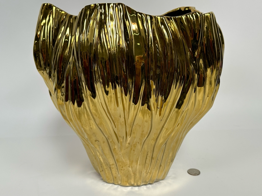 Large Gold Tone Ceramic Vase 13W X 12H [Photo 3]