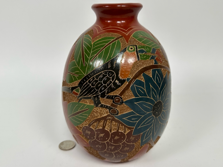Handmade Nicaraguan Etched Pottery Vase 6W X 8H [Photo 2]