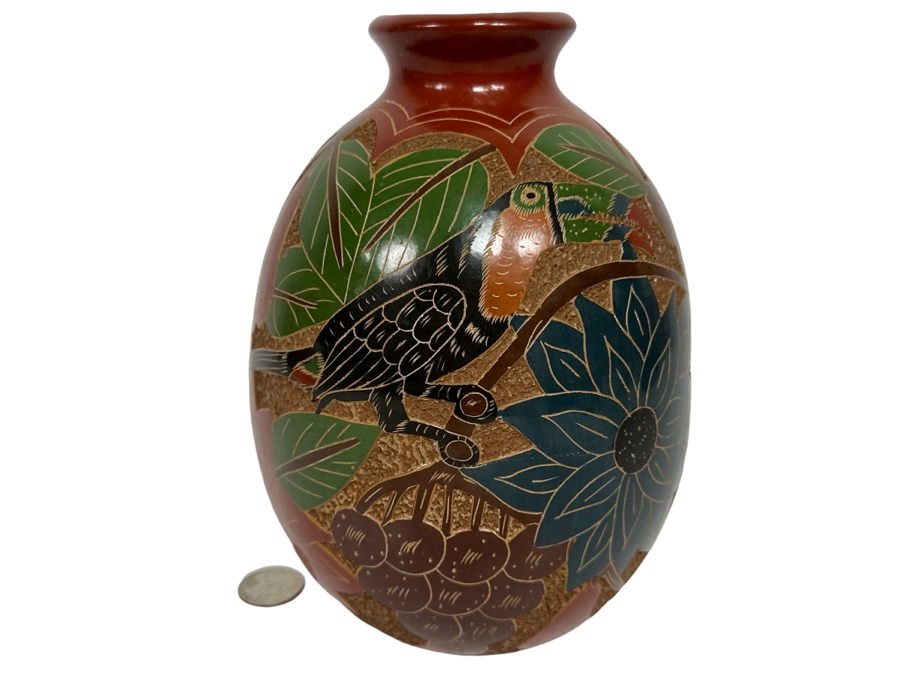 Handmade Nicaraguan Etched Pottery Vase 6W X 8H