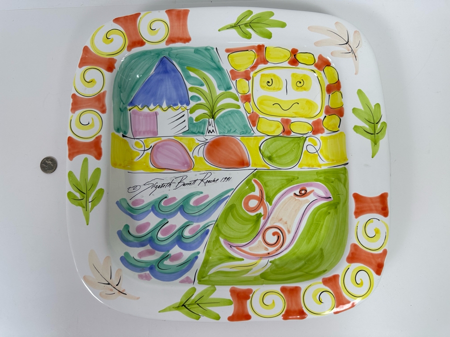 Hand Painted Square Platter By Elizabeth Barrett Roache 1991 Italy 16 X 16 [Photo 3]