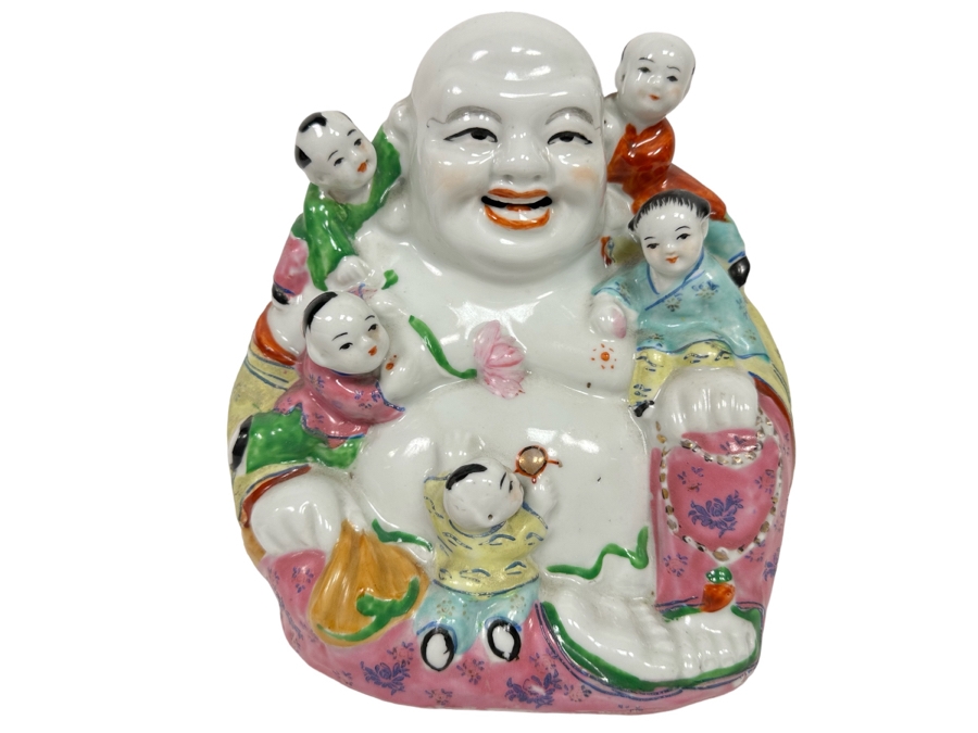 Chinese Porcelain Laughing Buddha With 5 Children 7.5W X 5D X 8H [Photo 1]