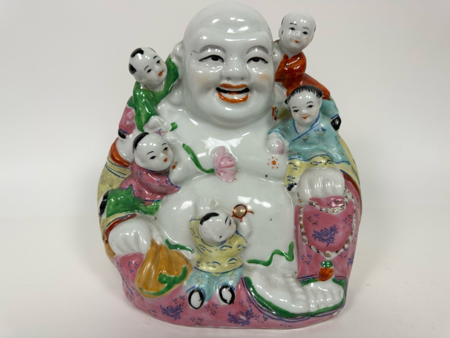 Chinese Porcelain Laughing Buddha With 5 Children 7.5W X 5D X 8H [Photo 3]