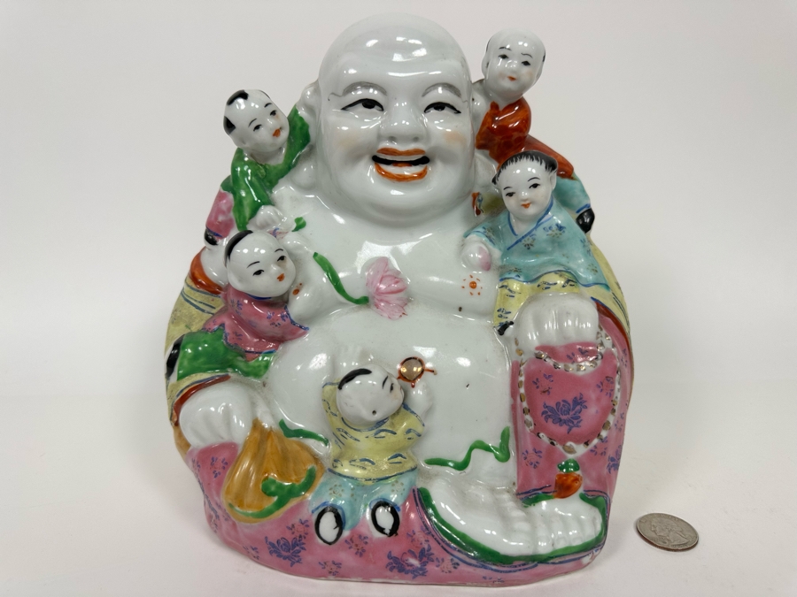 Chinese Porcelain Laughing Buddha With 5 Children 7.5W X 5D X 8H