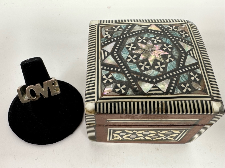 Vintage Inlaid Bone Indian Box 2.5W X 2.5D X 1.5H And Love Ring [Photo 4]