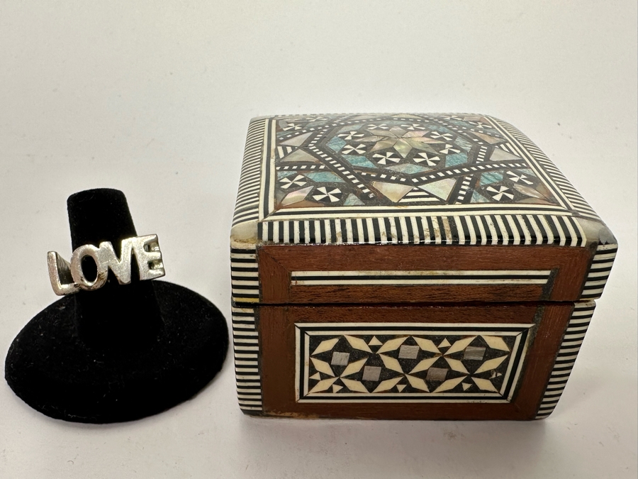Vintage Inlaid Bone Indian Box 2.5W X 2.5D X 1.5H And Love Ring [Photo 2]
