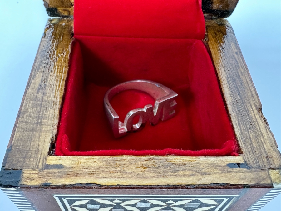 Vintage Inlaid Bone Indian Box 2.5W X 2.5D X 1.5H And Love Ring [Photo 8]