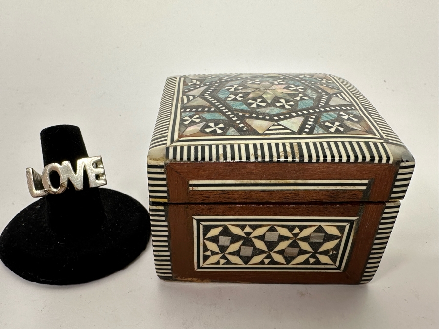 Vintage Inlaid Bone Indian Box 2.5W X 2.5D X 1.5H And Love Ring [Photo 3]