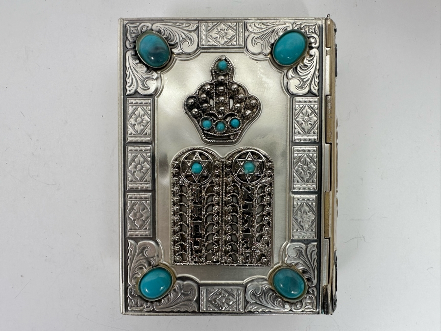 Vintage Silver-Plated Ornate Jewish Hebrew / English Bible Siddur Avodat Prayer With Turquoise [Photo 2]