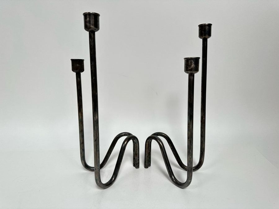 Lino Sabattini Signed Mid-Century Modern Candle Holders, A Pair Made In Italy Fiamma 12.5H [Photo 3]