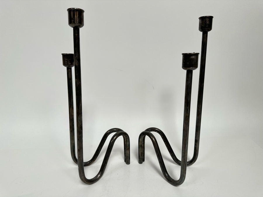 Lino Sabattini Signed Mid-Century Modern Candle Holders, A Pair Made In Italy Fiamma 12.5H [Photo 5]