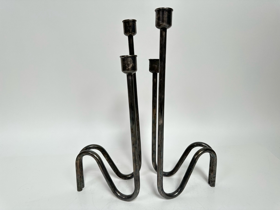 Lino Sabattini Signed Mid-Century Modern Candle Holders, A Pair Made In Italy Fiamma 12.5H [Photo 8]