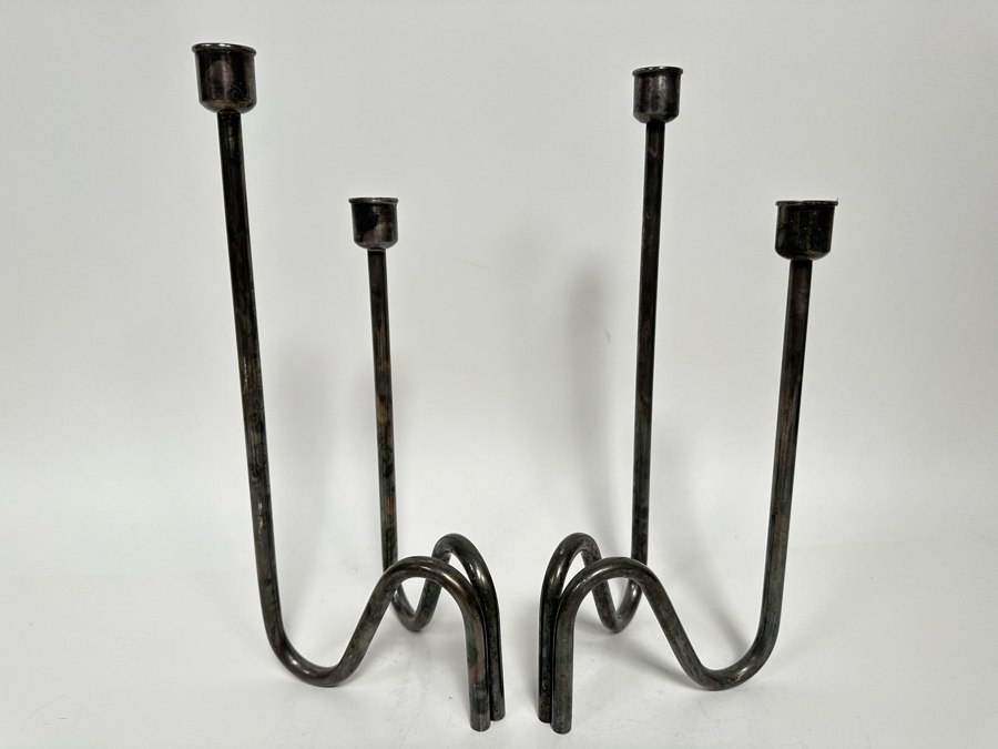 Lino Sabattini Signed Mid-Century Modern Candle Holders, A Pair Made In Italy Fiamma 12.5H [Photo 4]