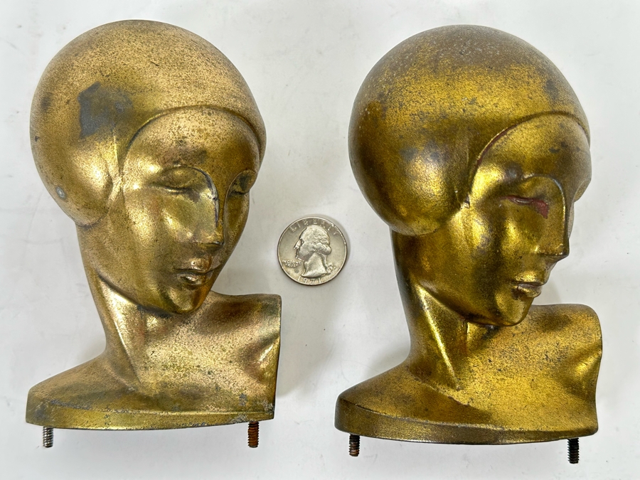 Pair Of Art Deco Gold Tone Metal Woman Busts Heads Statues 3 X 5 [Photo 3]