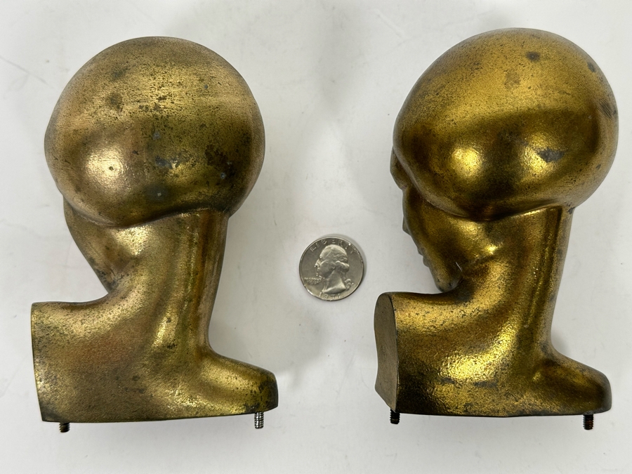 Pair Of Art Deco Gold Tone Metal Woman Busts Heads Statues 3 X 5 [Photo 8]