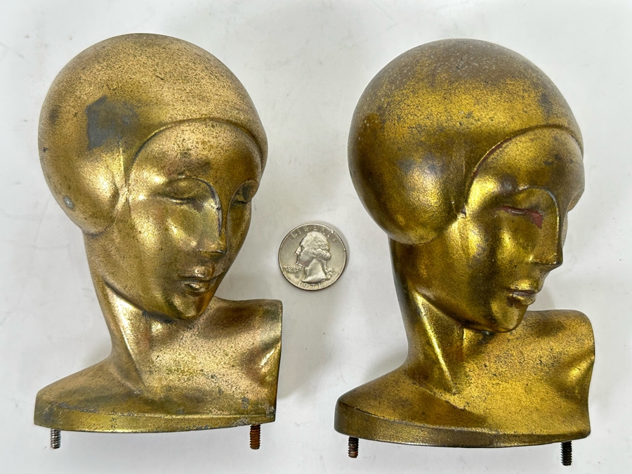Pair Of Art Deco Gold Tone Metal Woman Busts Heads Statues 3 X 5 [Photo 4]