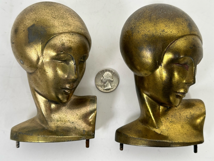 Pair Of Art Deco Gold Tone Metal Woman Busts Heads Statues 3 X 5 [Photo 2]
