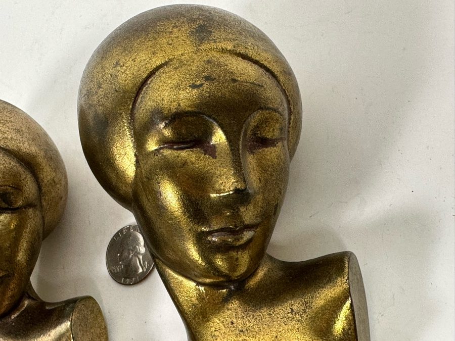 Pair Of Art Deco Gold Tone Metal Woman Busts Heads Statues 3 X 5 [Photo 6]
