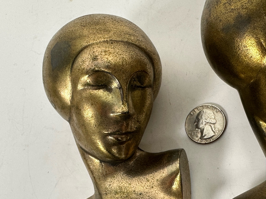 Pair Of Art Deco Gold Tone Metal Woman Busts Heads Statues 3 X 5 [Photo 5]